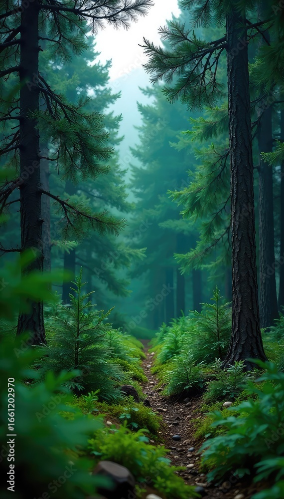 Obraz premium Lush, evergreen pine tree forest background Perfect for Christmas, nature, or winter themed projects Deep green needles and towering trunks create a serene, natural scene , sunlight, branches