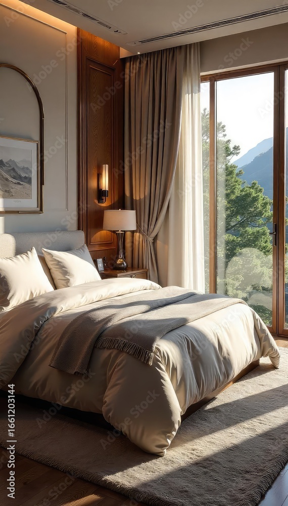 Fototapeta premium Luxurious master bedroom with plush bedding, elegant drapes, and a stunning view from the large window High-end furniture and soft lighting create a serene atmosphere , white, pillows