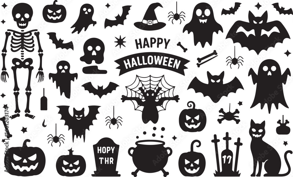 Fototapeta premium Halloween Themed Illustrations with Skeletons, Pumpkins, and Bats, Perfect for Seasonal Designs