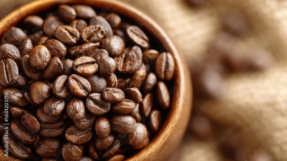Fototapeta premium Freshly roasted coffee beans in a bowl, steaming with warmth, evoking a cozy rustic atmosphere.