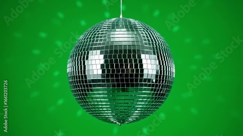 A spinning disco ball reflecting light on a vibrant green background, perfect for party, music, or celebration themes.
