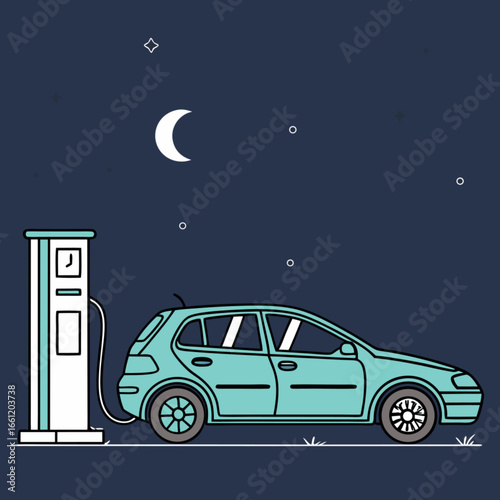 Electric Car Charging Station at Night with Crescent Moon and Stars
