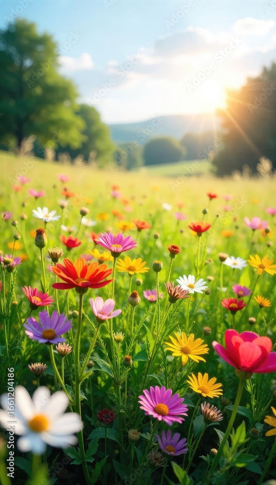Obraz premium Sun-Drenched Meadow Vibrant Wildflowers in Full Bloom Swaying Gently in a Spring Breeze, Idyllic Pastoral Scene of Serenity and Natural Beauty