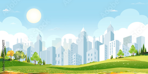 Spring field landscape with skyline, green park in modern cityscape,Vector cartoon scene nature,Ideal for Eco urban design, Sustainability concepts,Future city environment background or Summer banner