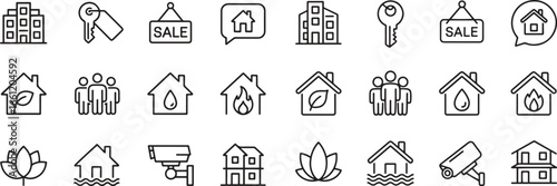 Real estate line icon. Property, building, house, investment icons set. Editable Vector