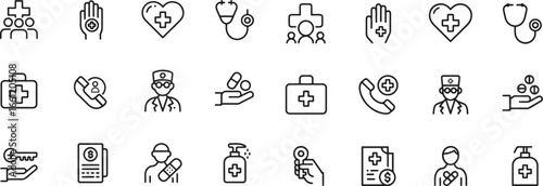 Medical and Healthcare Icons. Doctor, Hospital, Medicine, Treatment, Pharmacy Line Icon Set. Editable Vector 