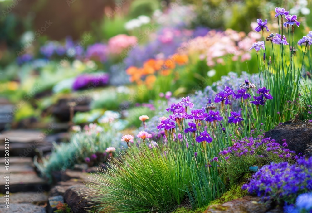 Obraz premium A vibrant display of colorful flowers and greenery along a stone pathway.