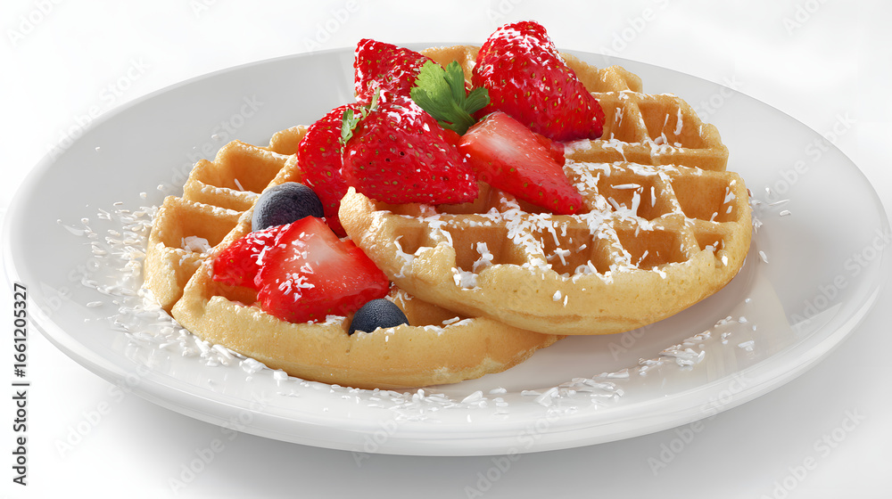 Deliciously Presented Waffles with Fresh Strawberries and Blueberries on a White Plate in High Resolution Deliciously Presented Waffles with Fresh Strawberries and Blueberries on a White Plate in High Resolution
