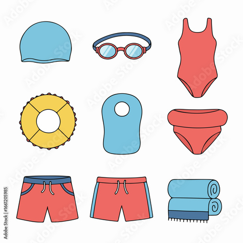 Flat lay cartoon swimming and beach essentials set, featuring swimwear, cap, goggles, life buoy, kickboard, and towels on white background.