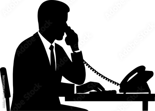 Office Worker Answering Phone Call - Customer Service Silhouette Vector with white background 
