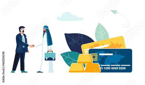 People, accumulation of wealth, gold bars, money on a card for payments. Business presentation. Businessmen handshake, sheikh arab, dubai, uae, contract. Financial development. Vector illustration
