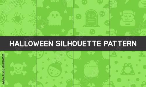 Creepy seamless Halloween pattern in green with ghost, Frankenstein, cauldron, potion, frog, spider and lightning silhouettes. Perfect for backgrounds, wallpaper, web page, surface and seasonal design