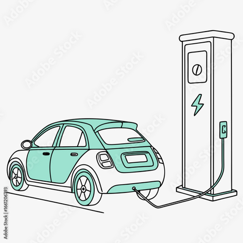 Electric vehicle charging station and modern car illustration