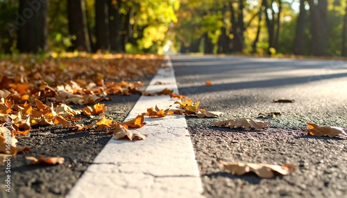 Fallen Autumn Leaves on Road with White Line, Sunlight Through Trees