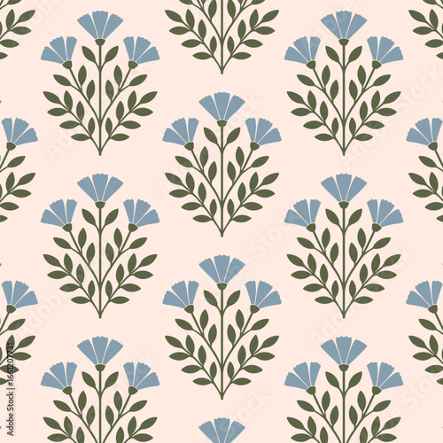 Vintage floral seamless pattern. Simple folk art design with stylized flowers and leaves. Traditional vector floral background with blue flowers for textile, fabric, and wallpaper.