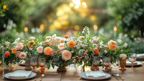 Wallpaper Mural Beautiful floral arrangement enhances outdoor dining experience at sunset in a garden setting Torontodigital.ca
