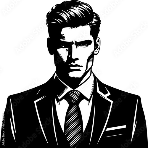 Sharp Dressed Man: A striking black and white illustration of a well-groomed man, impeccably dressed in a tailored suit and tie, radiating an aura of confidence and sophistication.