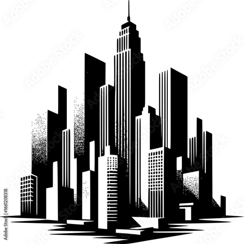 City Silhouette: A striking monochrome silhouette of a sprawling cityscape. with a cluster of imposing skyscrapers dominating the skyline, this image evokes a sense of urban dynamism and ambition.