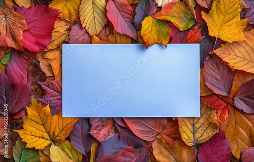 Colorful Autumn Leaves Surround a Blank Card on the Ground During a Sunny Aft...