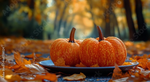 Colorful Pumpkin Sits on a Plate Surrounded by Autumn Leaves in a Vibrant Par...