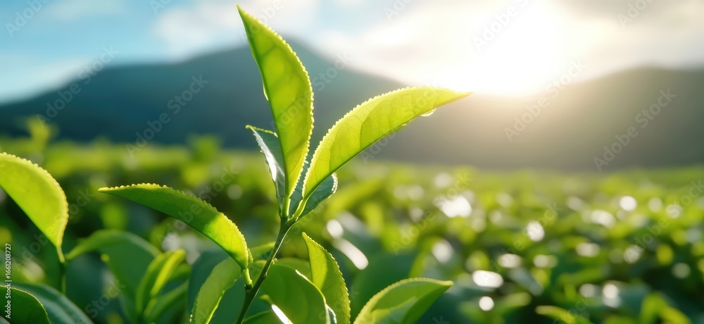 Obraz premium Fresh green tea leaves growing