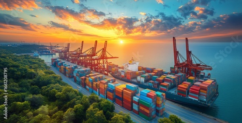 Sunset View of Cargo Ship at Port With Shipping Containers and Cranes in Scene.