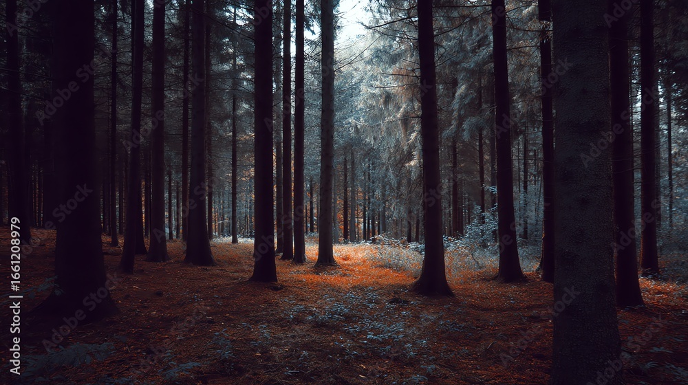 Fototapeta premium Mysterious forest with tall trees and autumn foliage