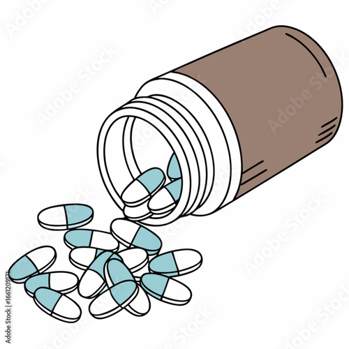 Overturned Bottle Spilling Oval Blue and White Pills on White Surface