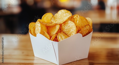 Crispy Potato Chips Served in a White Takeout Box on a Wooden Table in a Casu...