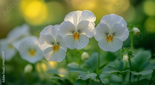 White Pansy Flowers With Yellow Centers Bloom in a Vibrant Garden During Spri...