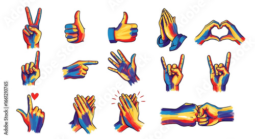 Colorful hand gestures expressing diverse emotions and positive affirmations in vibrant art style
