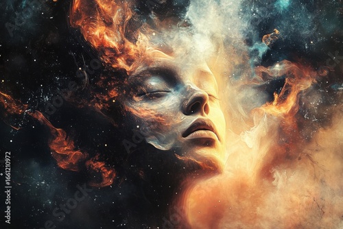 Serene face in cosmic nebula