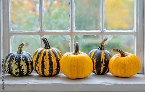 Colorful Pumpkins Arranged on a Windowsill in a Cozy Interior During Autumn S...