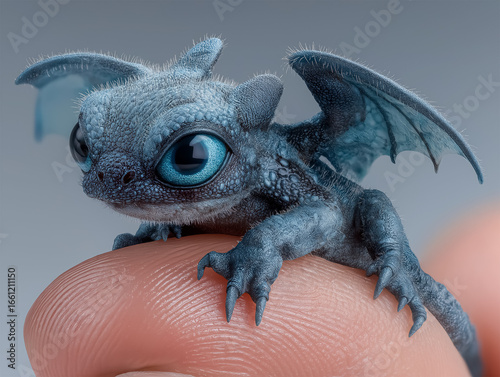 A small blue dragon cub with wings and light blue eyes perched on human fingers.