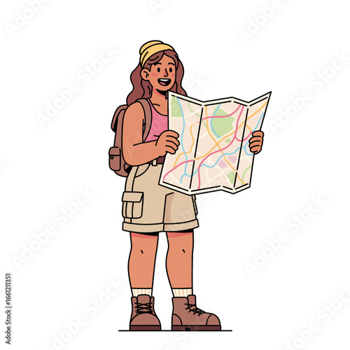 Cartoon illustration of a woman traveler with a backpack and hiking boots, studying a map for direction. Concept of exploration and journey planning.