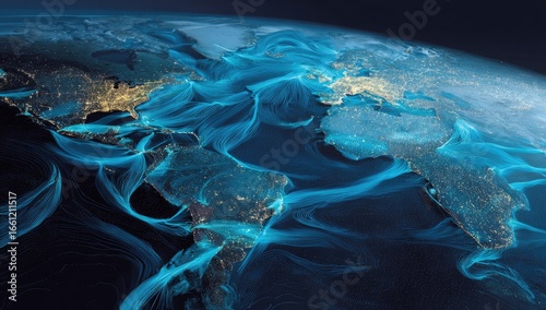 Earth from space with glowing blue energy lines depicting global connections and city lights