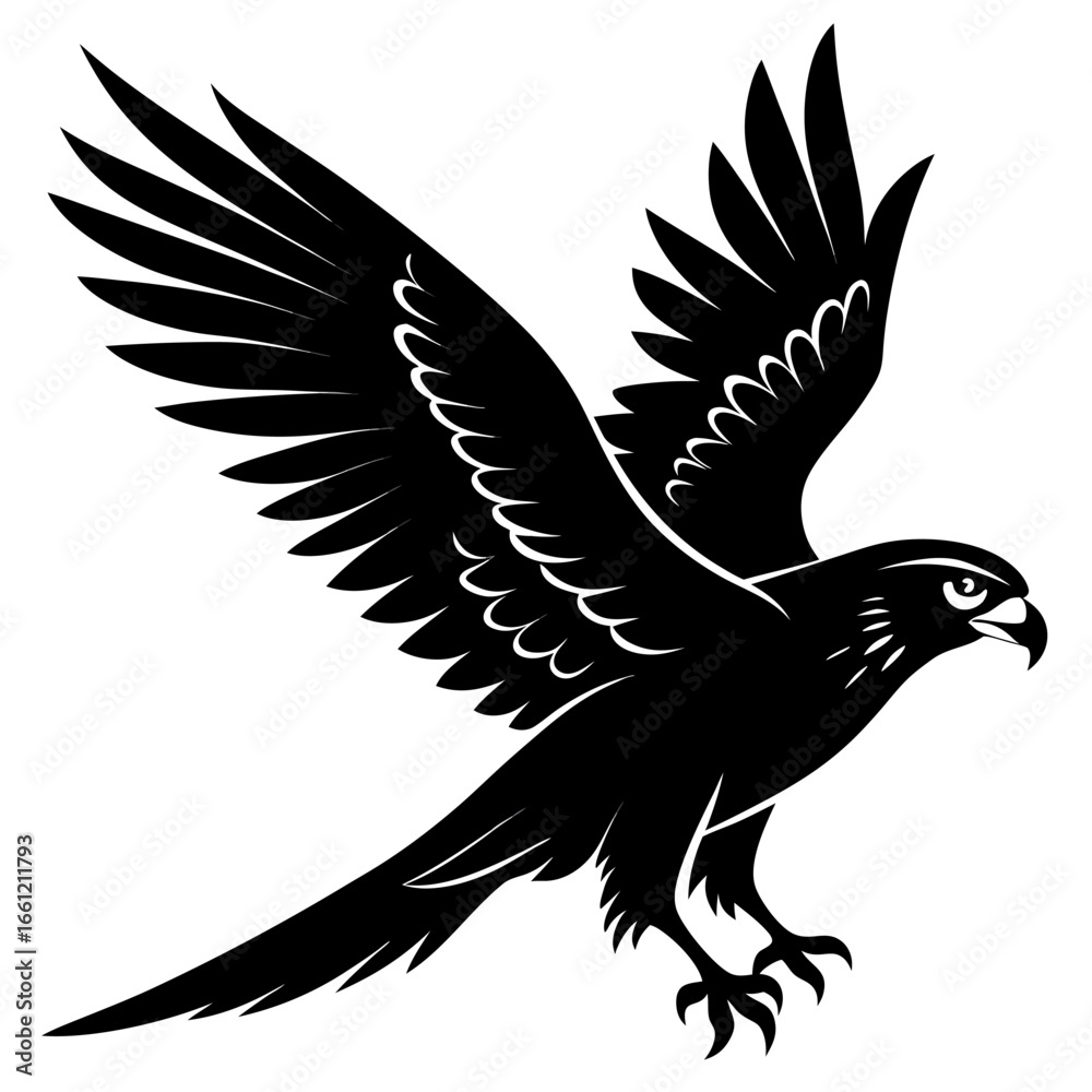 Fototapeta premium Black silhouette of a falcon in flight isolated on white background