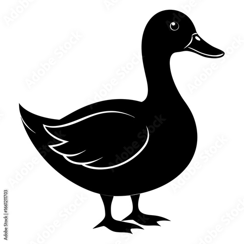 Black silhouette of a domestic duck isolated on white background