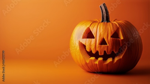 Carved Pumpkin Glowing on a Vibrant Orange Background During Halloween Season.