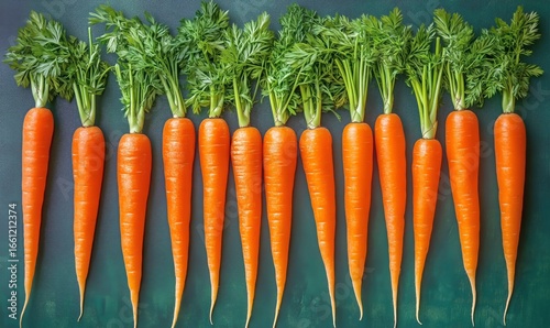 Freshly Harvested Carrots Lined up on a Green Surface for Farm-To-Table Prese...