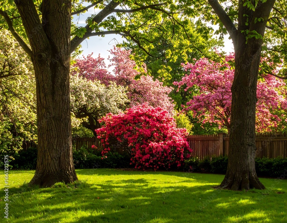 Fototapeta premium Spring garden with vibrant flowers and lush greenery