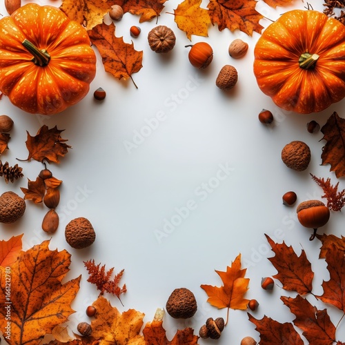 Decorative Autumn Pumpkins Surrounded by Colorful Leaves and Nuts on a White ...