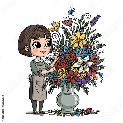 Charming illustration of a friendly florist arranging a vibrant and colorful bouquet of fresh flowers in a vase
