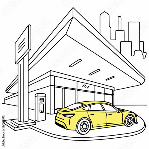 Modern Electric Vehicle Charging Station with Sleek Sedan Illustration