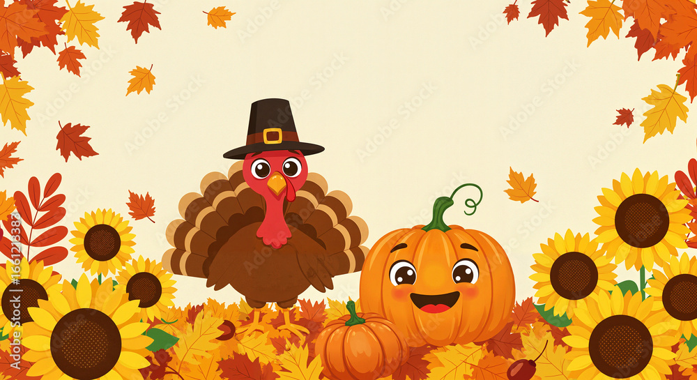 Naklejka premium Cartoon turkey and pumpkin surrounded by autumn leaves and sunflowers 