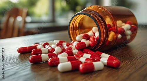 Red and White Capsules Spill From an Amber Bottle on a Wooden Surface in a Co...