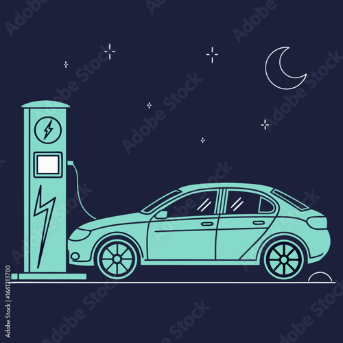 Electric Vehicle Charging Station at Night with Moon and Stars - Eco-Friendly Future