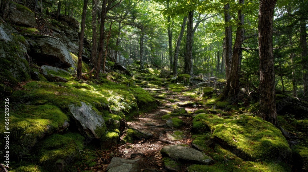 Fototapeta premium Forest path with moss covered rocks