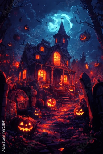 Haunted House Illuminated by Glowing Pumpkins Under a Dark Sky at Night