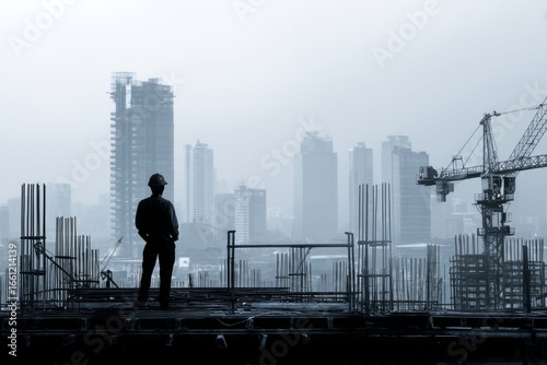 A structural engineer inspecting steel frameworks at a construction site. A city skyline rises in the distance. The mood feels bold and industrious, Generative AI